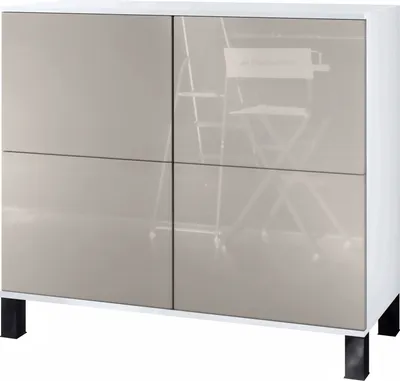 Produktbild von Vladon Kommode Rova V3, Moderner Küchenschrank mit 4 Push-to-Open Türen Weiß matt / Sandgrau Hochglanz (92,5 x 84.5 x 35)