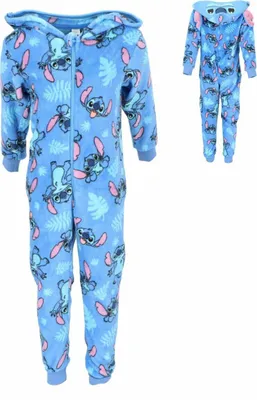 Produktbild von Lilo & Stitch atmungsaktiver Korallen-Fleece Onesie für Kinder Schlafanzug Blau 98/104