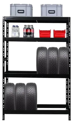 Produktbild von Reifenregal TIGER mit Fachböden | HxBxT 180x120x40cm | bis zu 12 Reifen auf 2 Ebenen + 2 Ablagen | Schwarz