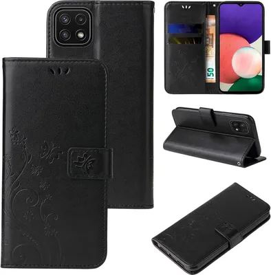 A collage of images showing a black floral patterned flip phone case from different angles, including one showing it open with cards and cash inside, and another showing it propped up as a stand.