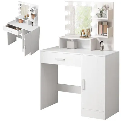 A white vanity table with a lighted mirror and storage.