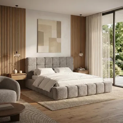 Produktbild von MUFFO Polsterbett AMITY MAXI 180x200 cm in Beige, gepolstertes Kopfteil, Lattenrost, Bettkasten, Bouclé-Stoff