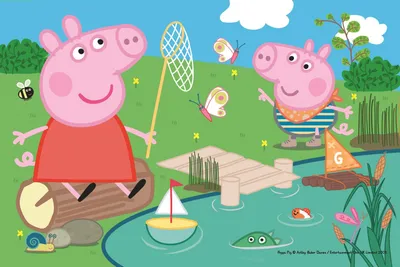 Peppa Pig characters are playing outdoors by a pond, with butterflies and insects around.
