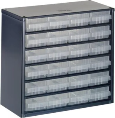 A dark gray storage cabinet with multiple clear drawers.