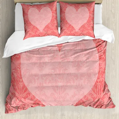 Zdjęcie produktu dla ABAKUHAUS Zestaw pościeli Coral, duże różowe serca na starym wzorze adamaszku, wyblakły stary tradycyjny kolor winogronowy, 200 x 200 cm + 80 x 80 cm, Coral Pale Pink