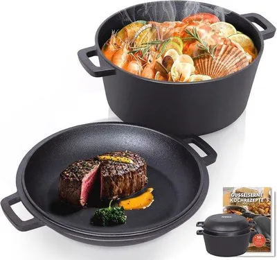 Productafbeelding van 2-in-1 Gietijzeren Kookpan met Deksel - 5 L, Multifunctionele Pan voor Koken, Bakken en Stoven