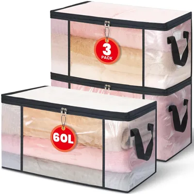 Image de Lot de 3 sacs de rangement transparents de 60 litres, idéaux pour ranger sous le lit ou dans un placard