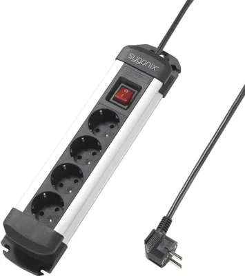 Produktbild von Sygonix SY-4538264 Steckdosenleiste mit Schalter 4fach Schwarz, Silber Schutzkontakt 1 St.