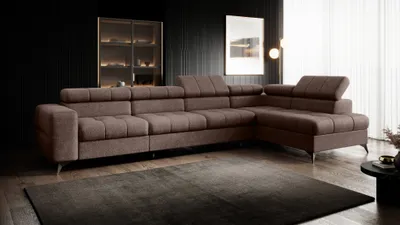 Produktbild von Ecksofa PUDDING MAXI Breite 350cm L-form Ecke mit einstellbare Kopfstützen und Schlaffunktion, Farbe Braun Infinity 03 Stoff , Couchgarnitur, Sofagarnitur, Schlafsofa, Wohnzimmer sofa mit Bettkasten