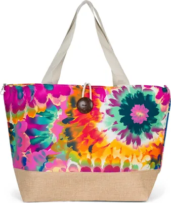 Produktbild von styleBREAKER Damen Strandtasche mit buntem Blumen Muster Print, Knebelknopf Verschluss, XXL Schultertasche, Shopper 02012389