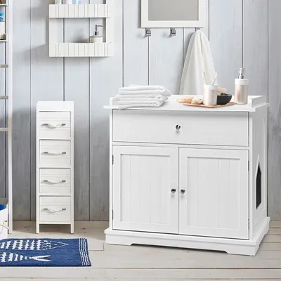 Immagine prodotto di Tavolino decorativo moderno con lettiera per gatti con cassetto e 2 ante per uso interno Bianco