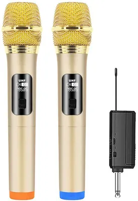 Productafbeelding van Draadloze microfoon, 2 digitale dynamische microfoons, oplaadbare ontvanger, plug-and-play, geschikt voor zingen, karaoke, feesten, conferenties, kerken, bruiloften, DJ's en evenementen (goud).