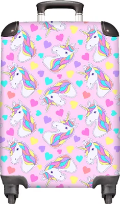 Obrázek produktu pro NoBoringSuitcases.com® Kufr Příruční zavazadlo Trolley Rolling suitcase Malý cestovní kufr na 4 kolečkách - Unicorn - Girl - Pattern - Heart - Cabin Size < 55x40x23 cm & 55x40x20 cm - Foto kufr - Cabin suitcase - Board luggage - Kids suitcase - Kids trolley.