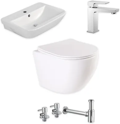 Produktbild von sanicomfort Gästebad Komplettset Weiß – Waschtisch 60 cm, spülrandloses WC Aliki mit Softclose, Armatur Malaga Chrom, Designsiphon & Eckventile