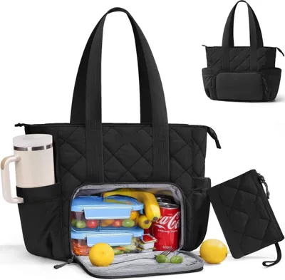 Immagine prodotto di Borsa porta pranzo da donna, borsa per laptop (fino a 15,6 pollici) con scomparto porta pranzo isolato e portabevande, contenitore per il pranzo leggero per viaggi e ufficio, nero