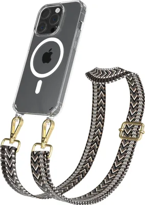 Produktbild von EAZY CASE - Handykette mit MagSafe Hülle für Apple iPhone 15 Pro, Handyband ZigZag Style,Karabiner Gold, Umhängeband in Grau