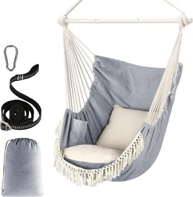 Produktbild von Famanu Hängesessel Cocoon mit 2 Kissen - Tragfähigkeit 227 kg - Stabiler Stahlbalken - Faltbare Fußstütze
