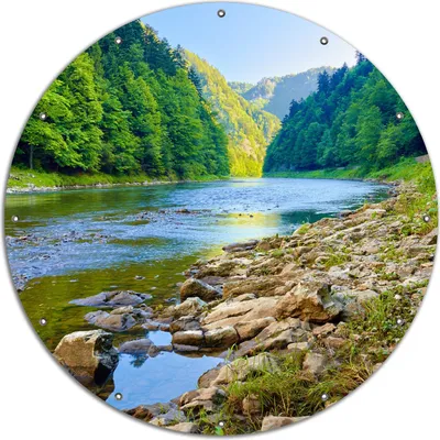 Produktbild von Wallario rundes Outdoor-Poster für Garten oder Balkon, Motiv Fluss in den Bergen an steinigem Ufer, 120 cm Durchmesser