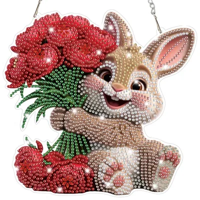 Image de Kit de création de pendentif "Lapin avec des fleurs" en technique de peinture diamant 5D, ornement décoratif à suspendre pour Pâques, pour porte, fenêtre ou mur