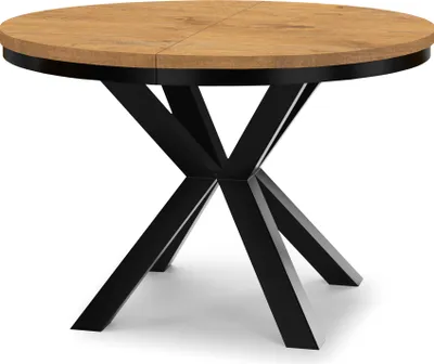 A round dining table with a wooden top and a black metal base, shown against a white background.