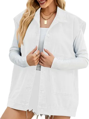 Produktbild von ASKSA Damen Jeansweste aermellos Laessige Locker Elegante Jeansjacke Jacke Mantel mit Taschen, A Weiss, XL