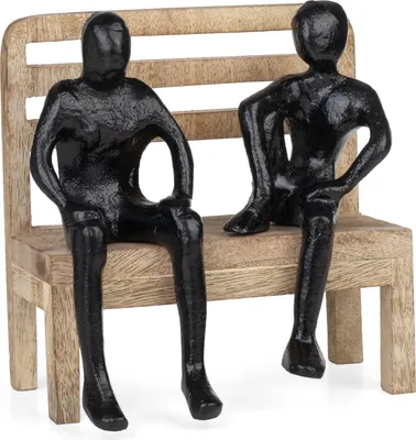 Obrázek produktu pro Moderní dekorativní postava z hliníku na lavičce z mangového dřeva - 2 lidé v rozhovoru - stylová socha v černé barvě - cca 14,5 x 9,3 x 14,3 cm - postava jako symbol přátelství