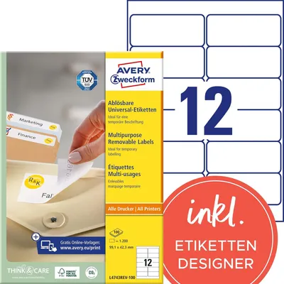 Obrázok produktu pre Avery L4743REV-100 - Biely - Zaoblený obdĺžnik - 99,1 x 42,3 mm - A4 - Univerzálny - Papier (L4743REV-100)