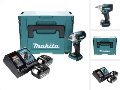 A collage of images showing a Makita cordless impact wrench kit, including the tool, batteries, charger, and storage case.