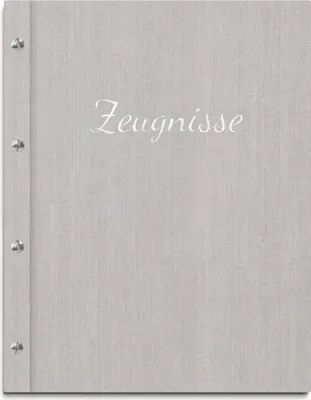 Produktbild von Zeugnismappe im grauen Einband in Leinenoptik, mit hochwertiger Prägeschrift in silber – handgefertigte Mappe für Zeugnisse inkl. 12 Sichthüllen