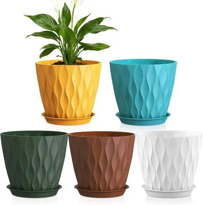 Immagine prodotto di Set di 5 fioriere da 7 pollici | Fioriere in plastica con fori di drenaggio e sottovasi | Per piante da interno ed esterno | Colorate