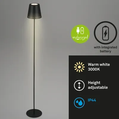 A black floor lamp with a light emitting from the top against a gray background, accompanied by descriptive icons and text.
