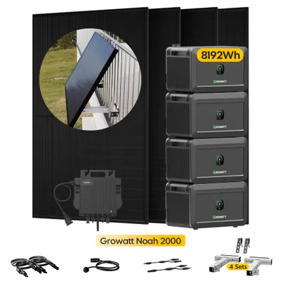 Produktbild von Powerness Balkonkraftwerk mit Speicher, 4x Growatt NOAH 2000 mit 2000W Module & Growatt 800W Mikro-Wechselrichter, 4x Balkon-Halterung(Silber) 0% VAT