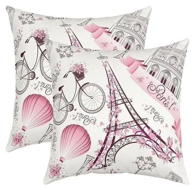 Immagine prodotto di Cuscini decorativi, 50x50 cm, motivo floreale rosa con immagine della città di Parigi, confezione da 2