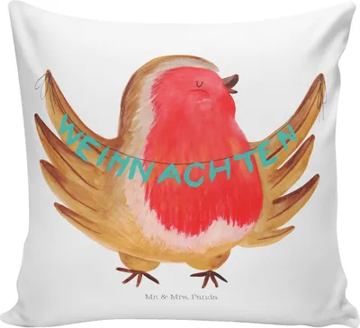Produktbild von Mr. & Mrs. Panda kissen bedruckt Rotkehlchen Weihnachten - Weiß - Geschenk, Frohe, Xmas, Vogel, 40x40, Dekokissen, Weihnachtsgruß, Winter, kuschelkissen, Polster