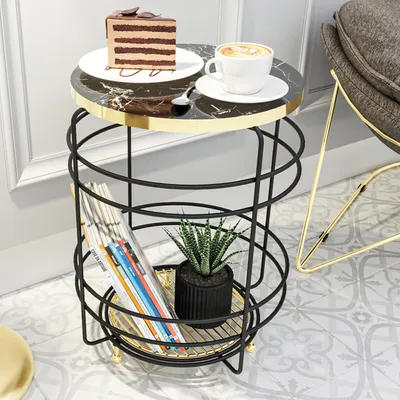 Produktbild von Korbtisch ‘Padasjoki’ Metall rund 55 x Ø 40 cm Marmoroptik, schwarz