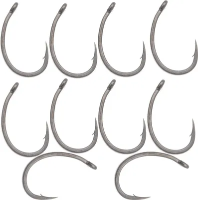 A collection of fishing hooks arranged on a white background.