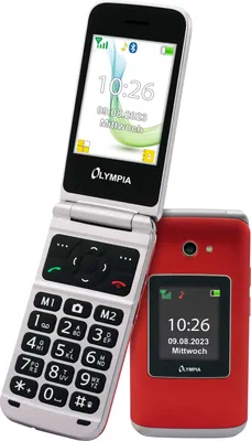 Two Olympia flip phones, one silver and one red, are shown against a white background. The silver phone is open, displaying its screen and keypad. The red phone is closed, showing its external screen.
