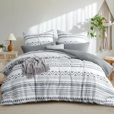 Produktbild von Bettwäsche-Set 200x220 cm 3-teilig Grau Boho Mikrofaser mit 2 Kissenbezügen 80x80 cm Reißverschluss Bügelfrei