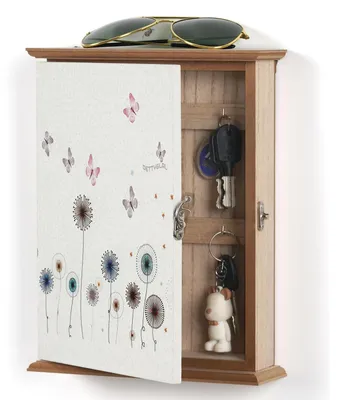 Productafbeelding van Sleutelkast, hout, sleutelbox met paardenbloem en vlinderpatroon, 6 sleutelhaken, wandorganizer