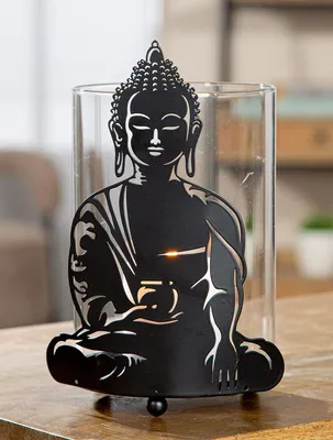 Productafbeelding van Gilde Windlicht, rund, Buddha , Buddhamotiv, Metall, schwarz, VE 4, L. 12 cm, B. 12 cm, H. 21 cm Höhe: 21.00 cm Breite: 12.00 cm Tiefe: 12.00cm 62218
