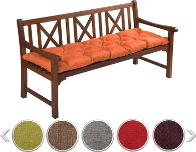 A wooden bench with an orange cushion on it, displayed on a white background. Below the bench are swatches of different cushion colors.