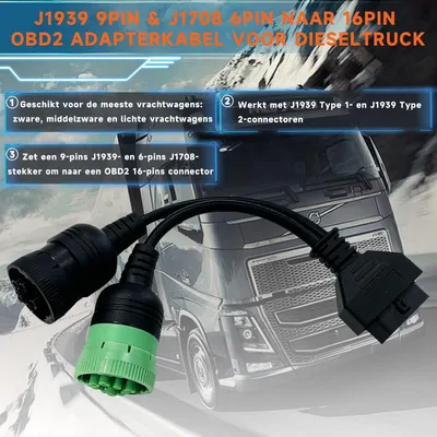 Productafbeelding van OBD-adapter, splitter-type, met 9-polige J1939- en 6-polige J1708-aansluiting naar OBD2, groen, voor vrachtwagens en andere bedrijfsvoertuigen