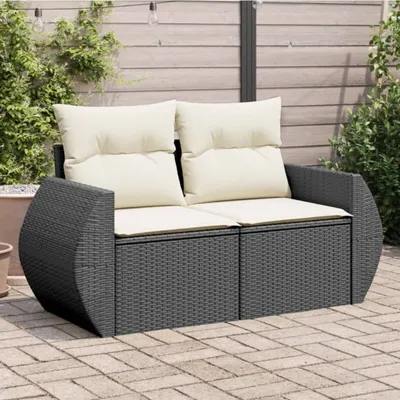 Produktbild von Gartensofa mit Kissen 2-Sitzer Schwarz Poly Rattan