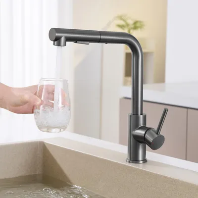 A hand is holding a glass under a kitchen faucet, filling it with water. The faucet is mounted on a sink.