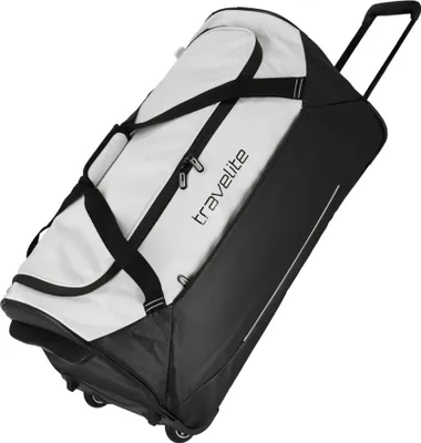 A white and black rolling duffel bag is shown against a white background.