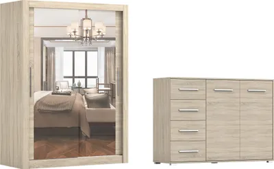 Image de lot de 2 armoires à portes coulissantes Armoire MILAN 150cm avec miroir et FRIDA 01 2D4S , largeur : 135 cm, couleur SONOMA/SONOMA