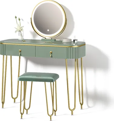 Produktbild von Schminktisch Livinity Isonca Grün mit LED Beleuchtung und Hocker, Model 52396