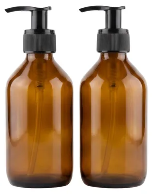 Produktbild von 2er Set Seifenspender Braunglas 250ml, wiederbefüllbare Glasflasche mit schwarzer Pumpe für Spülmittel, Seife & Shampoo