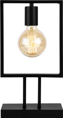 A black table lamp with a visible Edison-style light bulb.