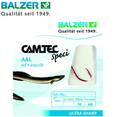 Produktbild von Balzer Camtec Aalhaken 60cm rot - 10 gebundene Angelhaken, Hakengröße/Schnurdurchmesser:Gr. 8 / 0.25mm